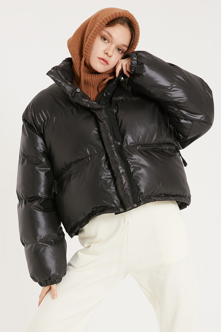 Puffer jacket with leather shoulders best sale